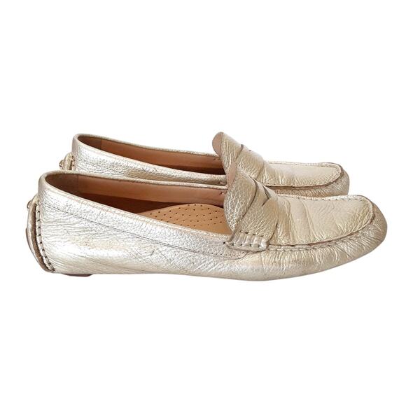 Cole Haan Leather Penny Loafers Gold Metallic Driving Flats Womens 6.5B Comfort - Picture 2 of 10